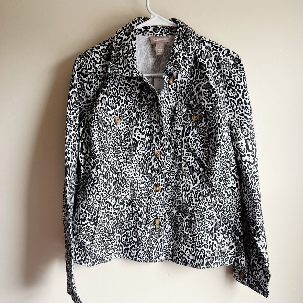 Chicos Classic Cheetah Peplum Button Denim Jacket Heatherstone Taupe NWT
